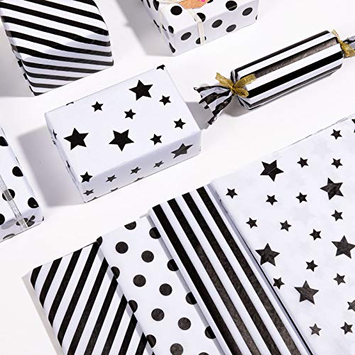 Whaline 120 Sheet White Black Tissue Paper Star Stripes Dots Pattern Tissue Paper 4 Styles Simple Gift Wrapping Paper Bulk for Birthday DIY Crafts New Year Gift Bag Supplies, 14 x 20"