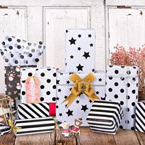 Whaline 120 Sheet White Black Tissue Paper Star Stripes Dots Pattern Tissue Paper 4 Styles Simple Gift Wrapping Paper Bulk for Birthday DIY Crafts New Year Gift Bag Supplies, 14 x 20"