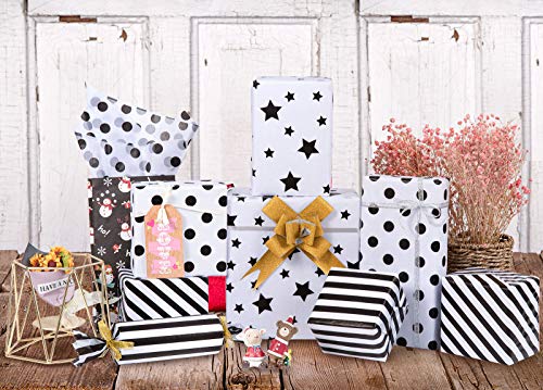 Whaline 120 Sheet White Black Tissue Paper Star Stripes Dots Pattern Tissue Paper 4 Styles Simple Gift Wrapping Paper Bulk for Birthday DIY Crafts New Year Gift Bag Supplies, 14 x 20"