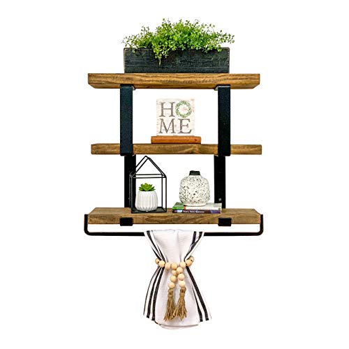 Del Hutson Designs Industrial 3-Tier Floating Shelf with Towel Bar (24 Inch, Ziggy Dark Walnut)