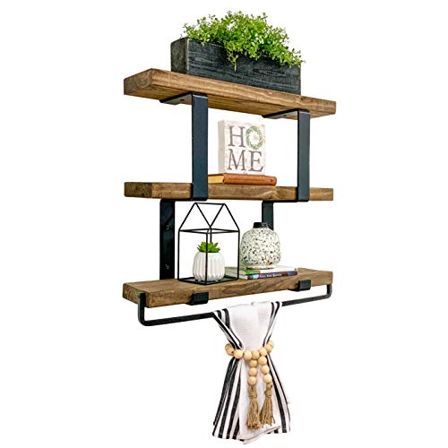 Del Hutson Designs Industrial 3-Tier Floating Shelf with Towel Bar (24 Inch, Ziggy Dark Walnut)