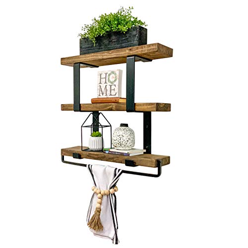 Del Hutson Designs Industrial 3-Tier Floating Shelf with Towel Bar (24 Inch, Ziggy Dark Walnut)