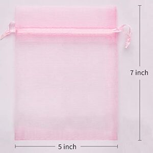 iminoo 50pcs Organza Drawstring Bags, Wedding Favor Bags with Drawstring Premium Jewelry Pouches Party Festival Gift Bags Candy Bags (Pink, 5x7 in)