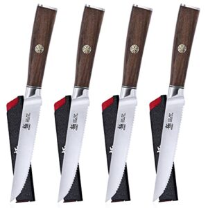 KYOKU 5 Inch Steak Knife Set of 4 - Daimyo Series Japanese 440C Stainless Steel Serrated Steak Knives - Ergonomic Rosewood Handles Mosaic Pins - with Sheaths & Case