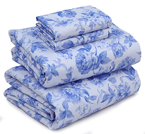RUVANTI Silky Soft Queen Sheet Set - 4 Pieces Luxury Sheets for Queen Size Bed - All Season Breathable Bed Sheets - 15" Deep Pocket Snug Fit Sheets - Cozy & Comfy Hotel Sheets - Blue Floral