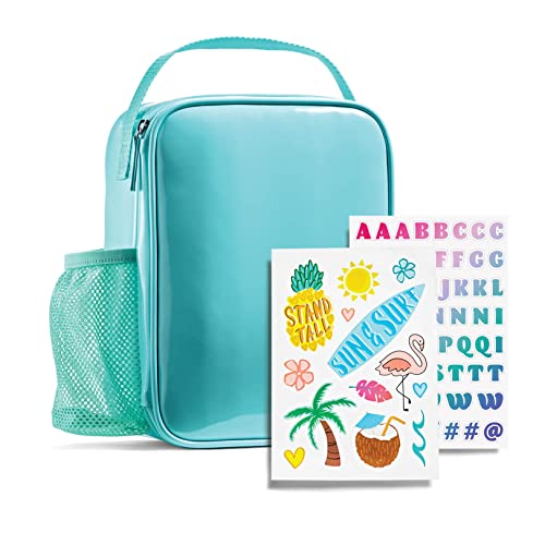 Fit + Fresh DIY Sticker Insulated Lunch Bag, Trendy Kids Lunch Box, Soft Lunch Cooler Bag, Perfect for School, Picnics, Trips & More, Teal