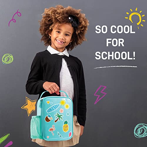 Fit + Fresh DIY Sticker Insulated Lunch Bag, Trendy Kids Lunch Box, Soft Lunch Cooler Bag, Perfect for School, Picnics, Trips & More, Teal