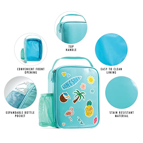 Fit + Fresh DIY Sticker Insulated Lunch Bag, Trendy Kids Lunch Box, Soft Lunch Cooler Bag, Perfect for School, Picnics, Trips & More, Teal