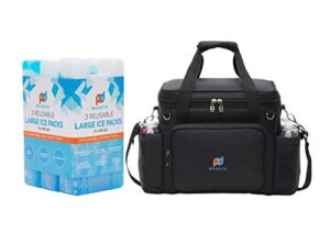 large tall cooler bag plus large thick reusable, long-lasting, ice pack gel (3 pack). 1680d heavy-duty polyester, high density insulation, heat-sealed liner, durable zippers, metal buckles.