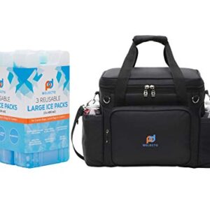 Large Tall Cooler Bag Plus Large Thick Reusable, Long-Lasting, Ice Pack Gel (3 Pack). 1680D Heavy-Duty Polyester, High Density Insulation, Heat-Sealed Liner, Durable Zippers, Metal Buckles.