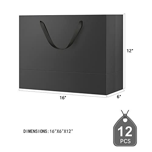 JINMING 12 Extra Large Gift Bags 16x6x12 Inches, Matte Black Gift Bags, Premium Gift Bags with Handles for All Occasions