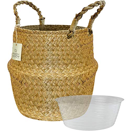 MoodiWoody Seagrass Plant Basket – Hand Woven Large Seagrass Baskets with Plastic Liner, Eco-Friendly Storage for Laundry, Picnic, Baskets Decor and Plant Pot Cover (Large, Original)