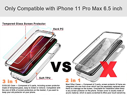 COOLQO Compatible with iPhone 11 Pro Max Case, and [2 x Tempered Glass Screen Protector] Clear 360 Full Body Coverage Hard PC+Soft Silicone TPU 3in1 Shockproof Protective Phone Cover