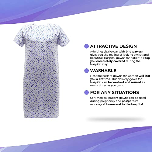 AMZ Medical Supply Hospital Gowns for Women, Pack of 3 Large White Patient Gowns with Bird Print, Short Sleeves, Front and Back Snaps, Soft Cotton Patient Gown, Convenient Labor and Delivery Gowns
