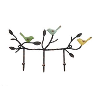 soffee design vintage wall-mounted coat rack with 3 hooks, birds standing on tree branch with rustic paint heavy duty wall hanging key holder, farmhouse coat hooks for towels, hats, scarves