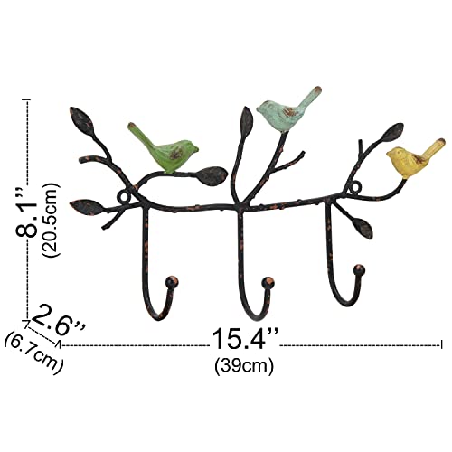 SOFFEE DESIGN Vintage Wall-Mounted Coat Rack with 3 Hooks, Birds Standing on Tree Branch with Rustic Paint Heavy Duty Wall Hanging Key Holder, Farmhouse Coat Hooks for Towels, Hats, Scarves