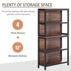 HOMCOM Shelves for Storage, 4 Tier Bookshelf Utility Organizer with Back Support and Anti-Topple Design, Walnut/Black