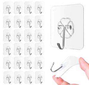 qualiall 33lbs adhesive hooks for hanging on wall or ceiling, heavy duty, clear, damage free, traceless, stick on hangers for kitchen bathroom, 10pcs