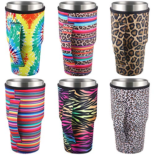 6 Pieces Reusable Coffee Cup Sleeve Neoprene Insulated Sleeves Cup Cover Holders Drinks Sleeve Holder Neoprene Tumbler Sleeves Cold Hot Beverages, 6 Styles (30 oz)
