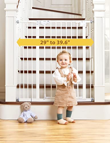 InnoTruth 29"- 39.6“ Baby Gate for Doorways and Stairs, 36" Extra Tall No Drill Wall Protected Dog Gate, 45cm Wide Walk Thru Auto Close Metal Child Gate, Easy to Install and One-Hand Opening, White