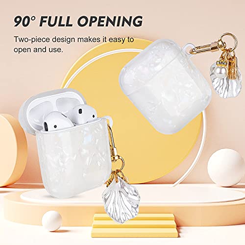 Airpods Case Cover, Full Protective Glitter TPU Soft Cute Airpod Case Cover with Pearl Keychain Compatible with Airpods 2 &1 for Girls Teens Women (White/Pearl)