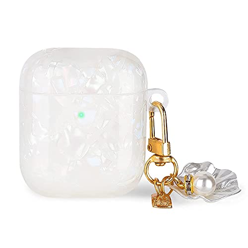 Airpods Case Cover, Full Protective Glitter TPU Soft Cute Airpod Case Cover with Pearl Keychain Compatible with Airpods 2 &1 for Girls Teens Women (White/Pearl)