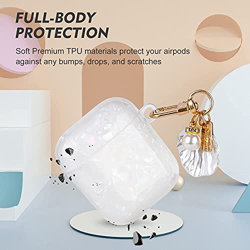 Airpods Case Cover, Full Protective Glitter TPU Soft Cute Airpod Case Cover with Pearl Keychain Compatible with Airpods 2 &1 for Girls Teens Women (White/Pearl)