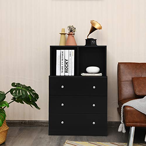 Giantex Dresser with 3 Drawers and 2 Cubbies Functional Organizer for Bedroom Closet, Hallway, Office and Living Room Storage Drawer Chest 24x16x37 Inch(Black)