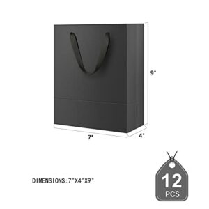 JINMING 12 Gift Bags 7x4x9 Inches, Matte Black Gift Bags, Small Gift Bags Bulk for Light Weight Gift, Premium Gift Bags with Handles for All Occasions