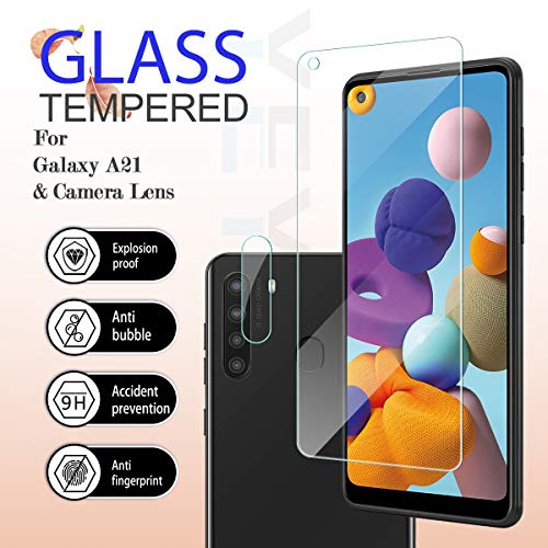 Galaxy A21 HD Clear Tempered Glass Screen Protector + Camera Lens Protectors by YEYEBF, [2+2 Pack] [3D Glass] [Anti-Glare] [Bubble-Free] Screen Protector Glass for Samsung Galaxy A21