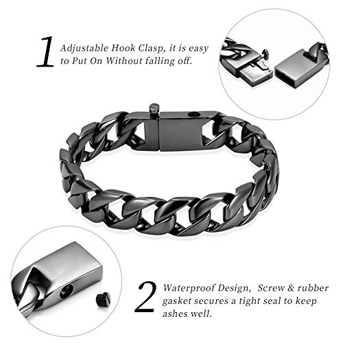 shajwo Cremation Urn Bracelet for Human Ashes for Men,Cuban Link Bracelet Cremation Jewelry for Ashes Urn Keepsake Memorial Ash Holder Bracelet,Black 20cm