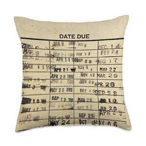 librarian and book lover gifts library due date cards stamp book return librarian vintage throw pillow, 18x18, multicolor