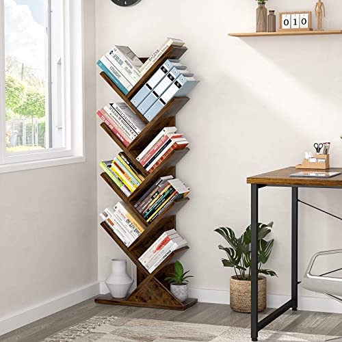 Topfurny Tree Bookshelf, 9-Tier Shelf Rustic Brown Bookcase, Retro Wood Storage Rack for CDs/Movies/Books, Anti-Fall Utility Organizer Shelves for Living Room, Bedroom, Home Office, Rustic Brown