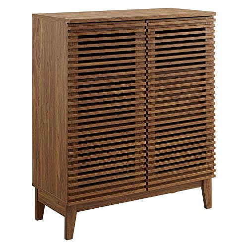 Modway Render Mid-Century Modern Bar with Wine Rack Storage Cabinet, Walnut