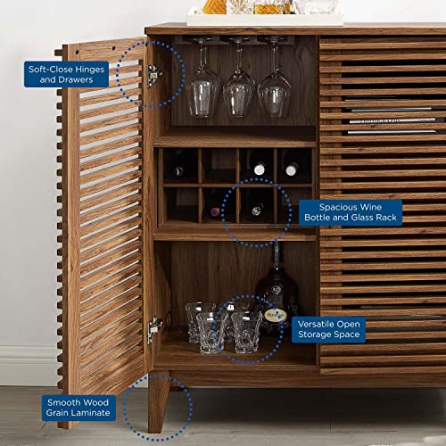 Modway Render Mid-Century Modern Bar with Wine Rack Storage Cabinet, Walnut
