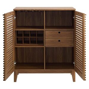 Modway Render Mid-Century Modern Bar with Wine Rack Storage Cabinet, Walnut