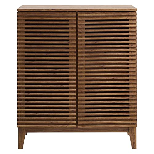 Modway Render Mid-Century Modern Bar with Wine Rack Storage Cabinet, Walnut