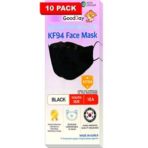 [pack of 10] goodday english black small certified kf94 korean face mask disposable comfortable youth face mask, age 9-15, small size by happy life