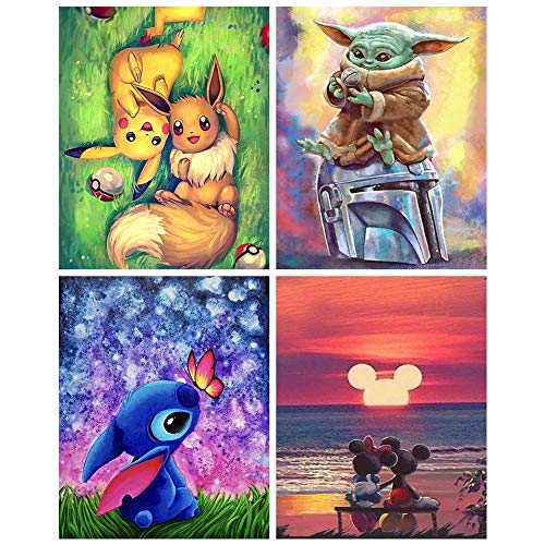 Paint by Numbers for Adults,4 Pack Paint by Numbers for Kids Beginner, 12X16inch Drawing Paintwork with Paintbrushes,Cartoon Acrylic Paint Canvas Oil Painting