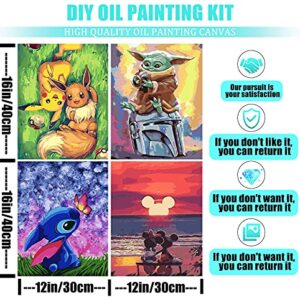 Paint by Numbers for Adults,4 Pack Paint by Numbers for Kids Beginner, 12X16inch Drawing Paintwork with Paintbrushes,Cartoon Acrylic Paint Canvas Oil Painting