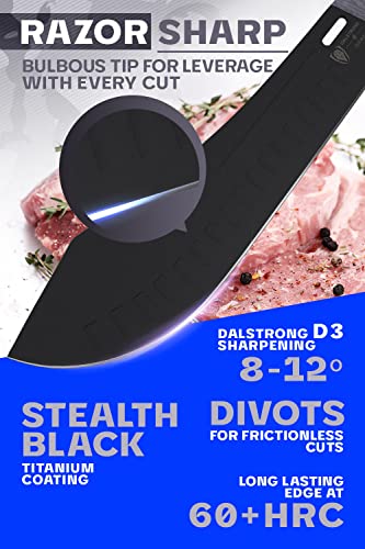 Dalstrong Bull Nose Butcher Knife - 10" - Delta Wolf Series Knife - Ultra-Thin & Zero Friction Blade - HC 9CR18MOV Steel - Black Titanium Nitride Coating - G10 Camo Handle - Leather Sheath