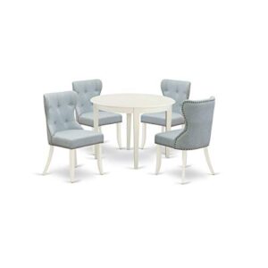 East West Furniture BOSI5-WHI-15 BOSI5-WHI-15-A Set of 4 Wonderful Room Chairs Fabric Baby Blue Gorgeous Wooden Dining Table with Linen White Color