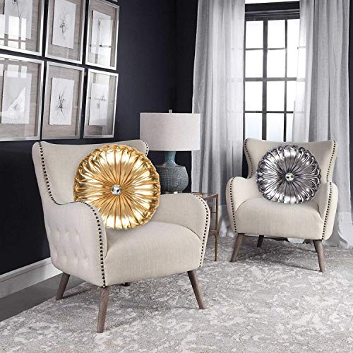 Tresshouse European Round Throw Pillows, Soft Spandex Fabric Pumpkin Pleated Handmade Metallic Accent Circle Insert Cushion Diamond to Enhance for Sofa Bedroom Livingroom Couch Cover Chair Gold