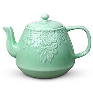 toptier leaf teapot, porcelain tea pot with infuser and lid, blooming & loose leaf ceramic teapot, 37 ounce, light green