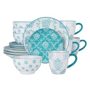 Original Heart 16-pieces Dinnerware Sets Ceramic Dish Set, Plates and Bowls Sets, Turquoise Dish Set for 4, Stackble, Nonstick, Stoneware Dinnerware Set for Kitchen