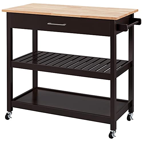 Yaheetech Kitchen Island on Wheels, 3-Tier Rolling Kitchen Cart Microwave Oven Cart Serving Cart with Storage Drawer and Shelves, 40’’ W Wood Top, Espresso