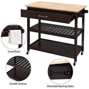 Yaheetech Kitchen Island on Wheels, 3-Tier Rolling Kitchen Cart Microwave Oven Cart Serving Cart with Storage Drawer and Shelves, 40’’ W Wood Top, Espresso