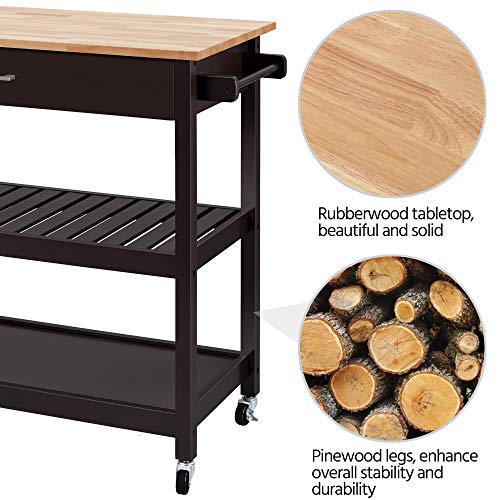 Yaheetech Kitchen Island on Wheels, 3-Tier Rolling Kitchen Cart Microwave Oven Cart Serving Cart with Storage Drawer and Shelves, 40’’ W Wood Top, Espresso