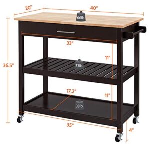 Yaheetech Kitchen Island on Wheels, 3-Tier Rolling Kitchen Cart Microwave Oven Cart Serving Cart with Storage Drawer and Shelves, 40’’ W Wood Top, Espresso