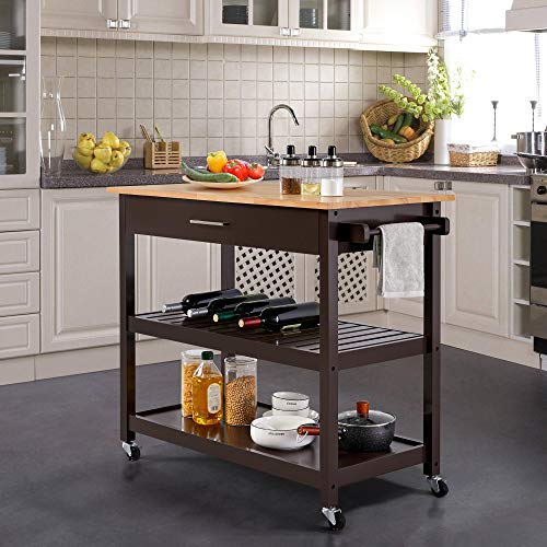 Yaheetech Kitchen Island on Wheels, 3-Tier Rolling Kitchen Cart Microwave Oven Cart Serving Cart with Storage Drawer and Shelves, 40’’ W Wood Top, Espresso